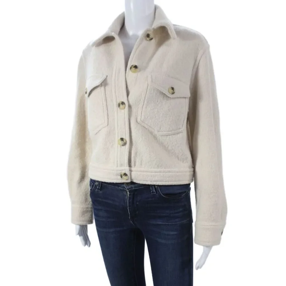 Wilfred Women Beige Merino Wool Bomber Jacket Collared Button Size 2XS